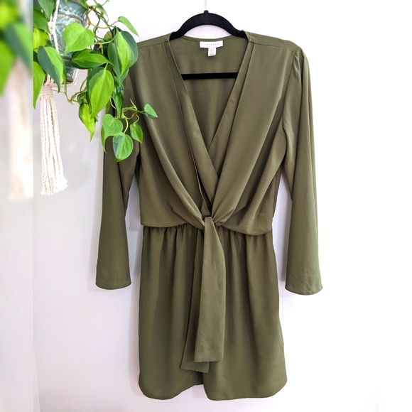 TOPSHOP Olive Green Tie Front Mini Dress - Picture 3 of 9